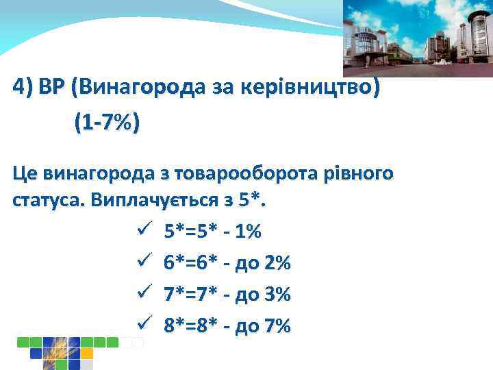 4) ВР (Винагорода за керівництво) (1 -7%) Це винагорода з товарооборота рівного статуса. Виплачується