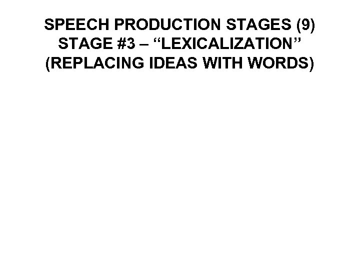 SPEECH PRODUCTION STAGES (9) STAGE #3 – “LEXICALIZATION” (REPLACING IDEAS WITH WORDS) 
