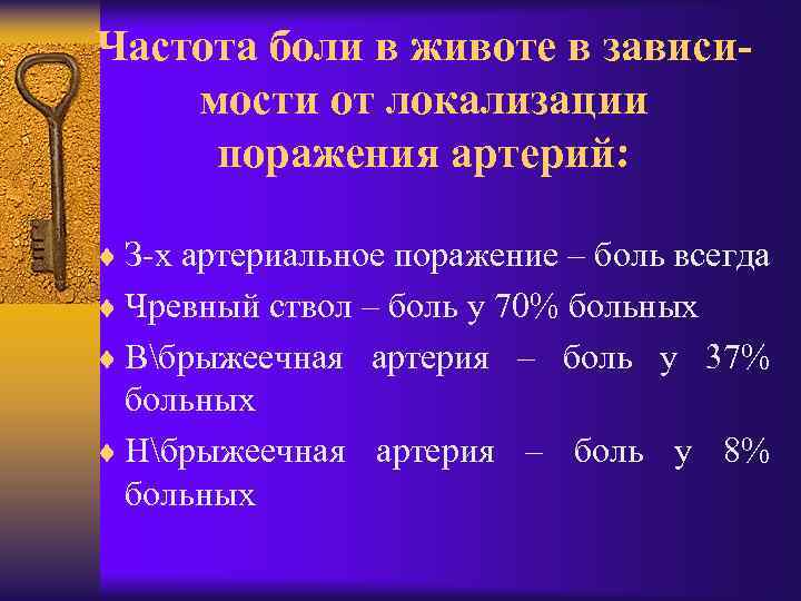Частота боли в животе в зависимости от локализации поражения артерий: ¨ З-х артериальное поражение