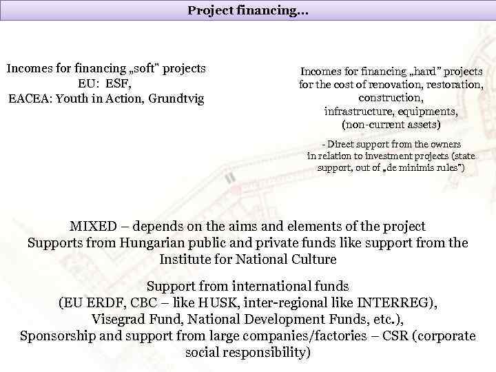 Project financing… Incomes for financing „soft” projects EU: ESF, EACEA: Youth in Action, Grundtvig