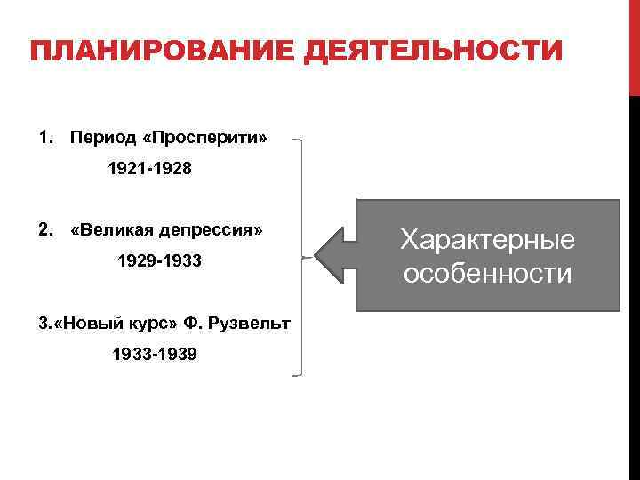 ПЛАНИРОВАНИЕ ДЕЯТЕЛЬНОСТИ 1. Период «Просперити» 1921 -1928 2. «Великая депрессия» 1929 -1933 3. «Новый