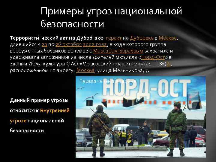 Примеры угроз национальной безопасности Террористи ческий акт на Дубро вке — теракт на Дубровке