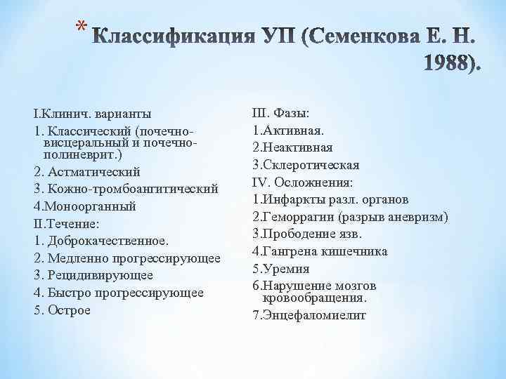 * I. Клинич. варианты 1. Классический (почечновисцеральный и почечнополиневрит. ) 2. Астматический 3. Кожно-тромбоангитический