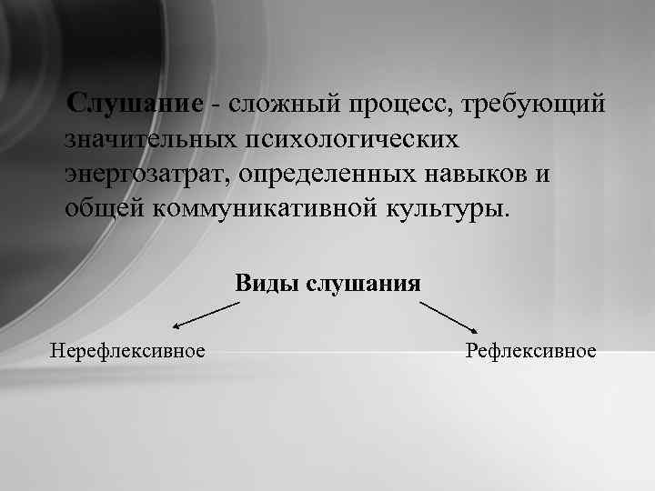 Слушание - сложный процесс, требующий значительных психологических энергозатрат, определенных навыков и общей коммуникативной культуры.