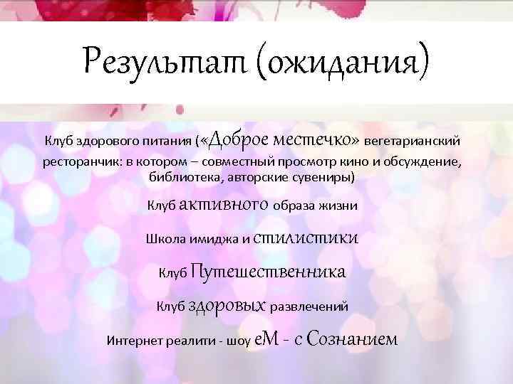 Результат (ожидания) «Доброе местечко» Клуб здорового питания ( вегетарианский ресторанчик: в котором – совместный