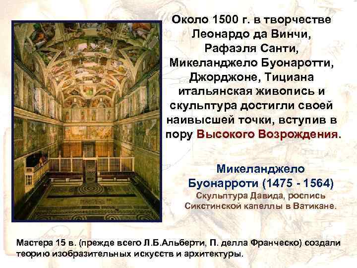 Около 1500 г. в творчестве Леонардо да Винчи, Рафаэля Санти, Микеланджело Буонаротти, Джорджоне, Тициана