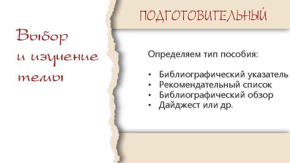 Определяем тип пособия: • • Библиографический указатель Рекомендательный список Библиографический обзор Дайджест или др.