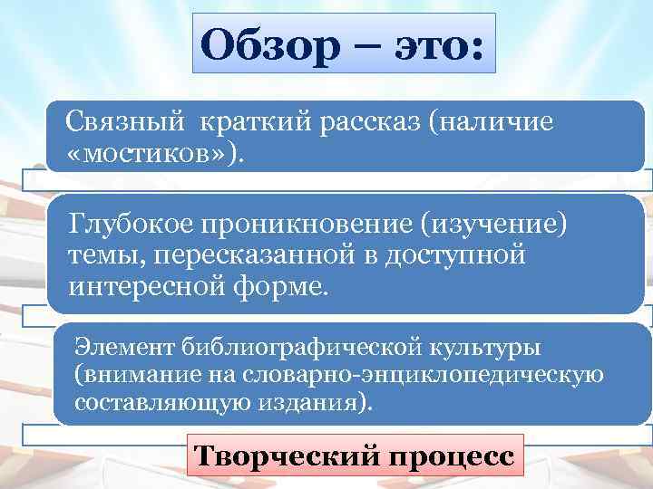 Обзор – это: Связный краткий рассказ (наличие «мостиков» ). Глубокое проникновение (изучение) темы, пересказанной