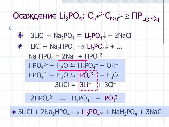 Осаждение Li 3 PO 4: CLi+3·CPO 43– ПРLi 3 PO 4 3 Li. Cl