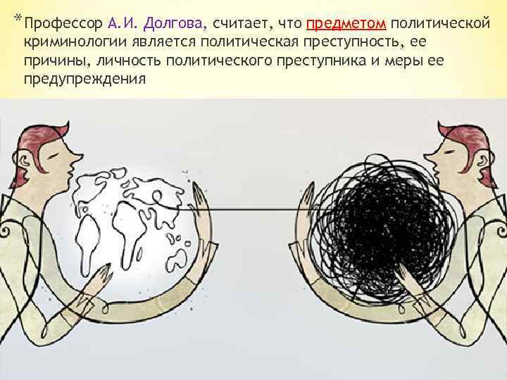 *Профессор А. И. Долгова, считает, что предметом политической криминологии является политическая преступность, ее причины,