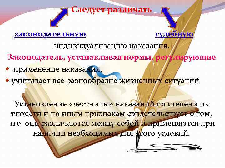 Следует различать законодательную судебную индивидуализацию наказания. Законодатель, устанавливая нормы, регулирующие применение наказания, учитывает все