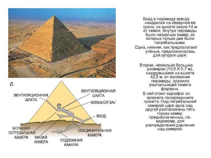 Вход в пирамиду всегда находился на северной её грани, на высоте около 14 м