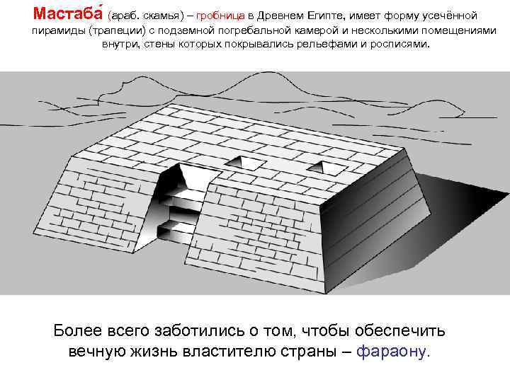 Мастаба (араб. скамья) – гробница в Древнем Египте, имеет форму усечённой пирамиды (трапеции) с