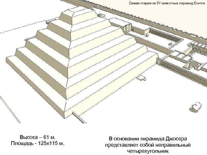Самая старая из 97 известных пирамид Египта Высота – 61 м. Площадь - 125