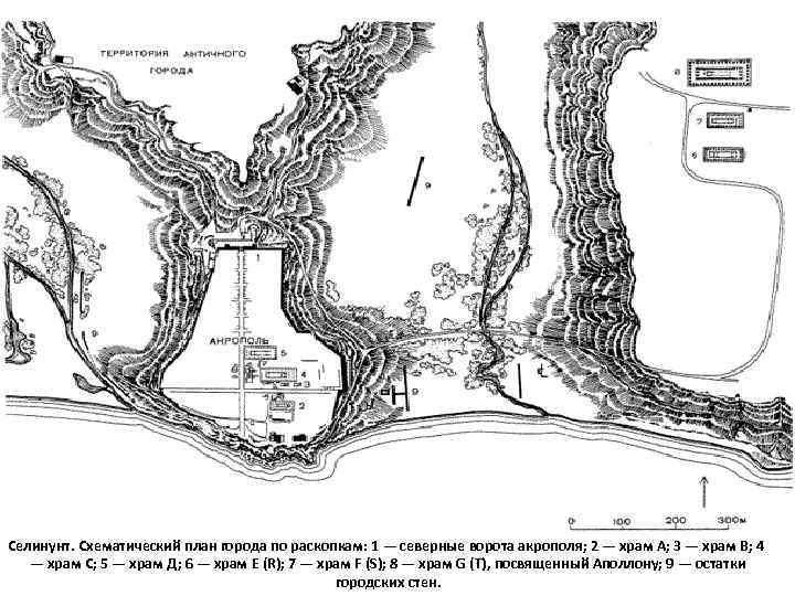 Селинунт. Схематический план города по раскопкам: 1 — северные ворота акрополя; 2 — храм