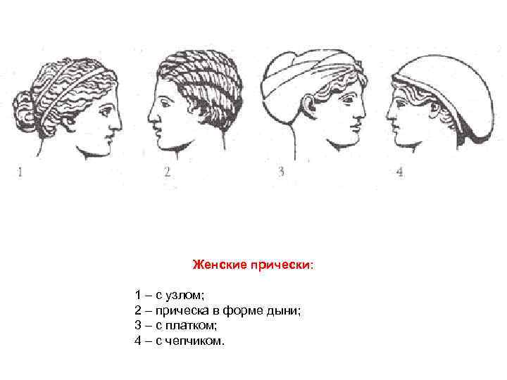 Женские прически: 1 – с узлом; 2 – прическа в форме дыни; 3 –
