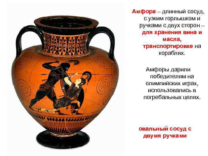 Амфора – длинный сосуд, с узким горлышком и ручками с двух сторон – для