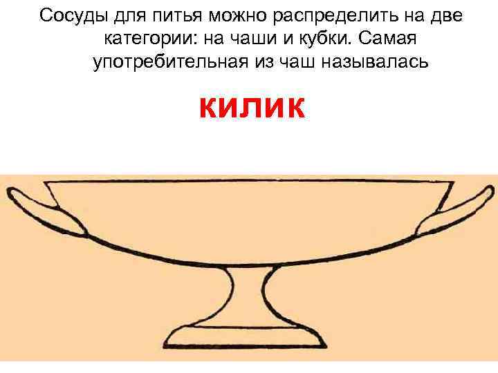 Сосуды для питья можно распределить на две категории: на чаши и кубки. Самая употребительная