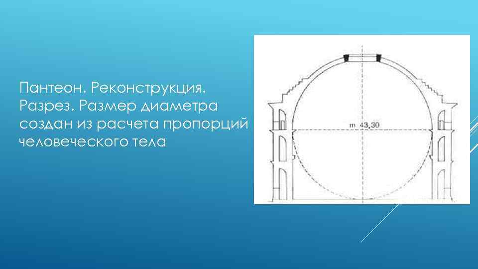Пантеон. Реконструкция. Разрез. Размер диаметра создан из расчета пропорций человеческого тела 