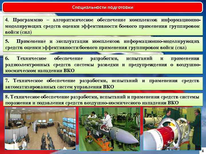 Специальности подготовки 4. Программно – алгоритмическое обеспечение комплексов информационномоделирующих средств оценки эффективности боевого применения
