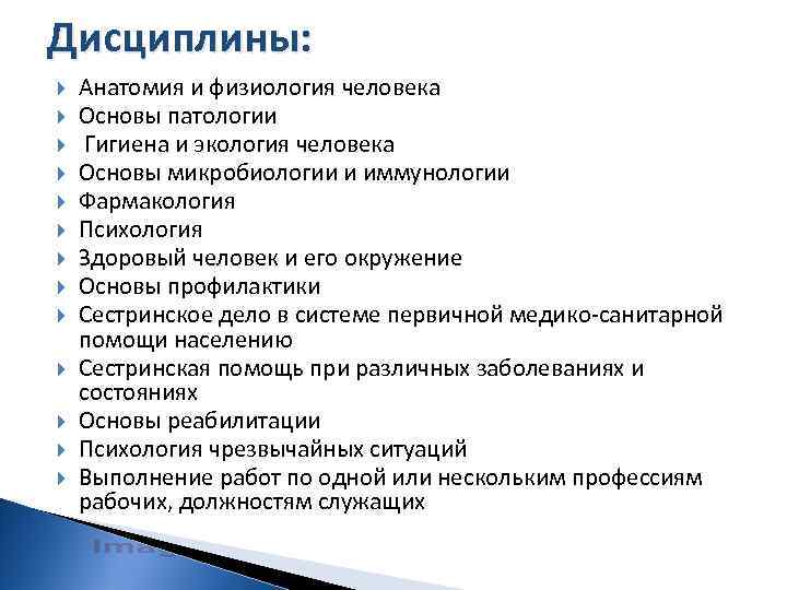 Дисциплины: Анатомия и физиология человека Основы патологии Гигиена и экология человека Основы микробиологии и