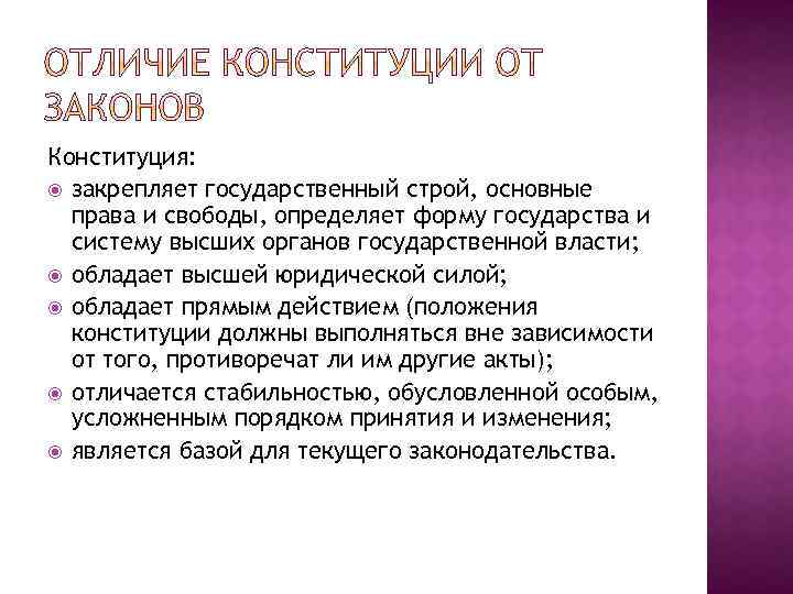 Конституция: закрепляет государственный строй, основные права и свободы, определяет форму государства и систему высших