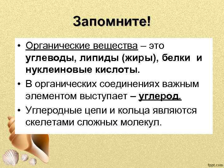 Запомните! • Органические вещества – это углеводы, липиды (жиры), белки и нуклеиновые кислоты. •