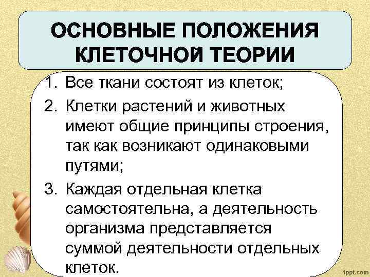 1. Все ткани состоят из клеток; 2. Клетки растений и животных имеют общие принципы