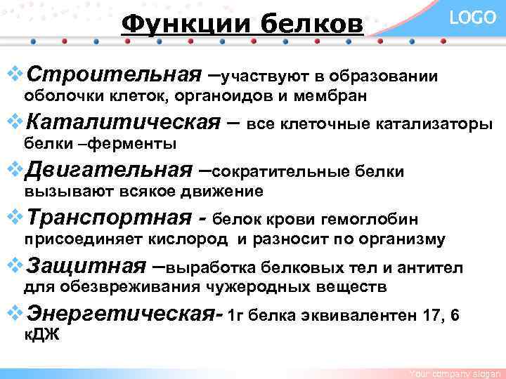 LOGO Функции белков v. Строительная –участвуют в образовании оболочки клеток, органоидов и мембран v.