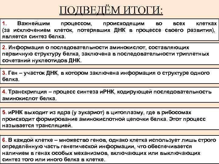 ПОДВЕДЁМ ИТОГИ: 1. Важнейшим процессом, происходящим во всех клетках (за исключением клеток, потерявших ДНК