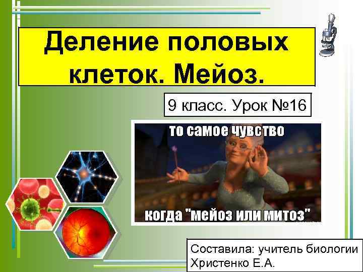 Деление половых клеток. Мейоз. 9 класс. Урок № 16 Составила: учитель биологии Христенко Е.