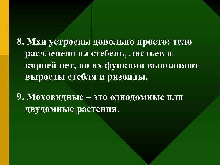 8. Мхи устроены довольно просто: тело расчленено на стебель, листьев и корней нет, но