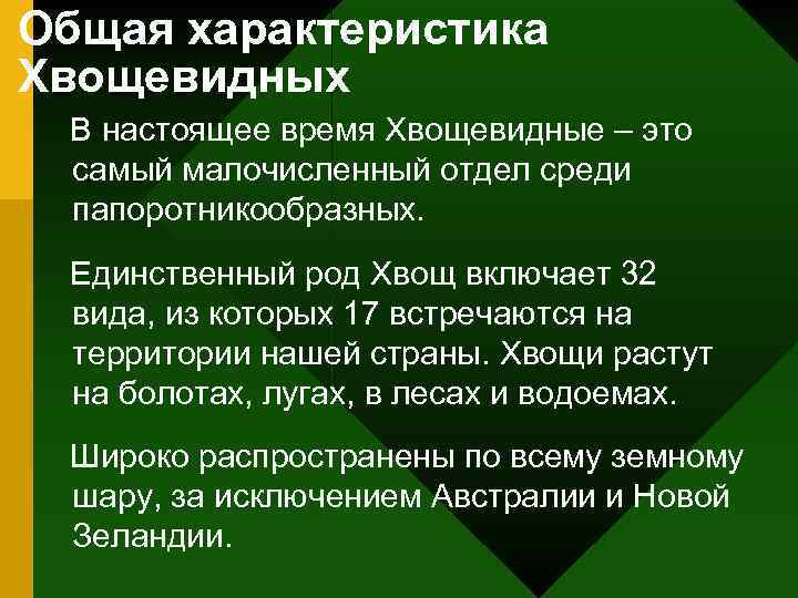 Общая характеристика Хвощевидных В настоящее время Хвощевидные – это самый малочисленный отдел среди папоротникообразных.