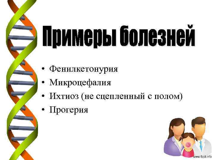  • • Фенилкетонурия Микроцефалия Ихтиоз (не сцепленный с полом) Прогерия 