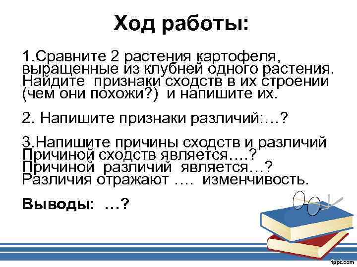 Ход работы: 1. Сравните 2 растения картофеля, выращенные из клубней одного растения. Найдите признаки