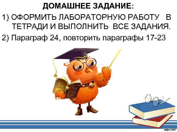 ДОМАШНЕЕ ЗАДАНИЕ: 1) ОФОРМИТЬ ЛАБОРАТОРНУЮ РАБОТУ В ТЕТРАДИ И ВЫПОЛНИТЬ ВСЕ ЗАДАНИЯ. 2) Параграф