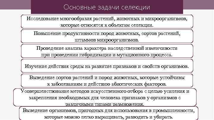 Основные задачи селекции Исследование многообразия растений, животных и микроорганизмов, которые относятся к объектам селекции.