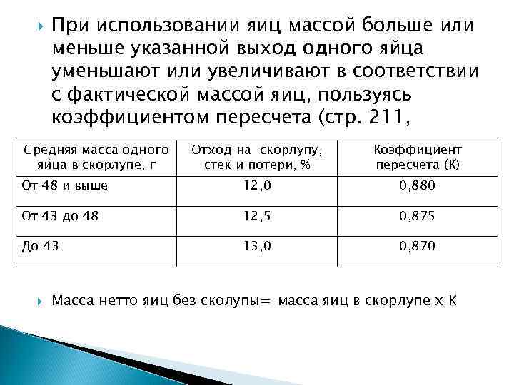  При использовании яиц массой больше или меньше указанной выход одного яйца уменьшают или