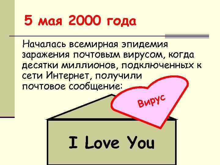 5 мая 2000 года Началась всемирная эпидемия заражения почтовым вирусом, когда десятки миллионов, подключенных