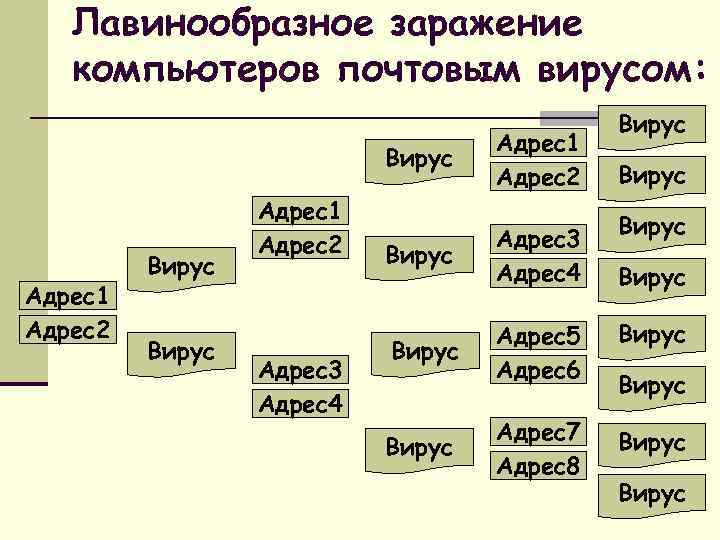 Лавинообразное заражение компьютеров почтовым вирусом: Вирус Адрес1 Адрес2 Адрес3 Адрес4 Адрес1 Адрес2 Вирус Адрес3