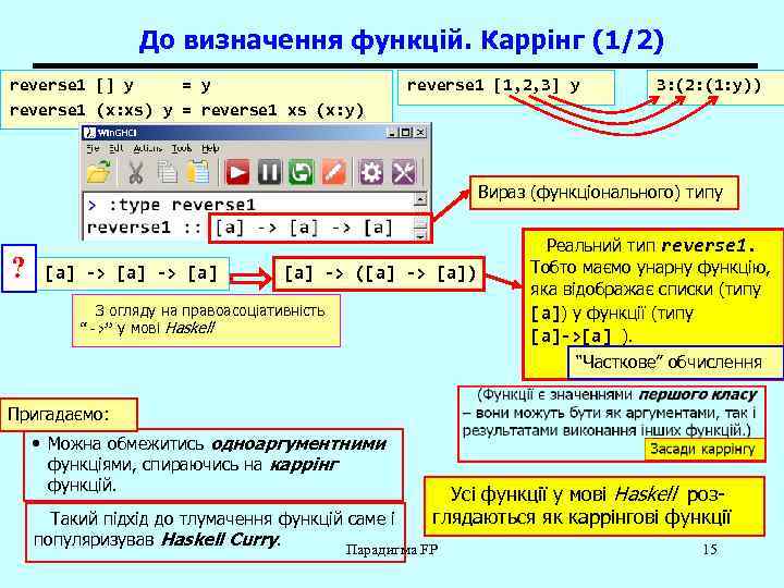 До визначення функцій. Каррінг (1/2) reverse 1 [] y = y reverse 1 (x: