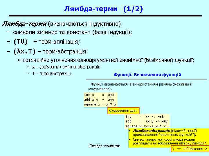 Лямбда-терми (1/2) Лямбда-терми (визначаються індуктивно): – символи змінних та констант (база індукції); – (TU)