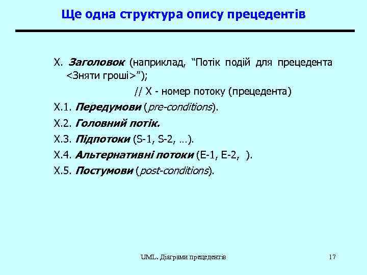 Ще одна структура опису прецедентів X. Заголовок (наприклад, “Потік подій для прецедента <Зняти гроші>”);