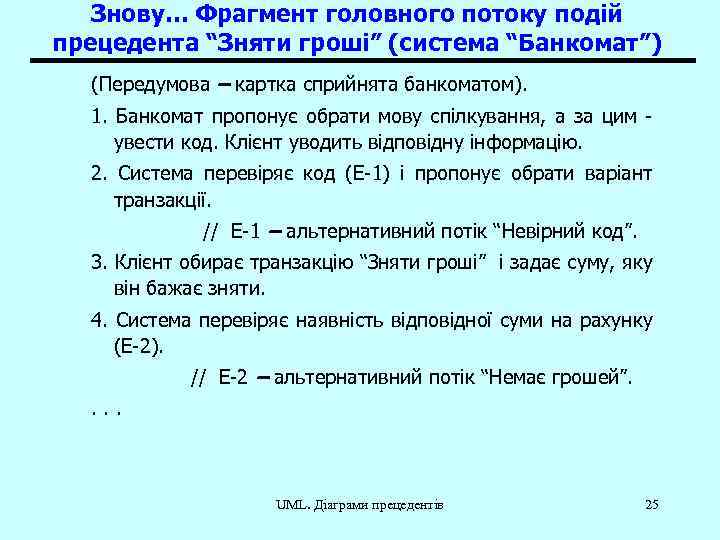 Знову… Фрагмент головного потоку подій прецедента “Зняти гроші” (система “Банкомат”) (Передумова – картка сприйнята