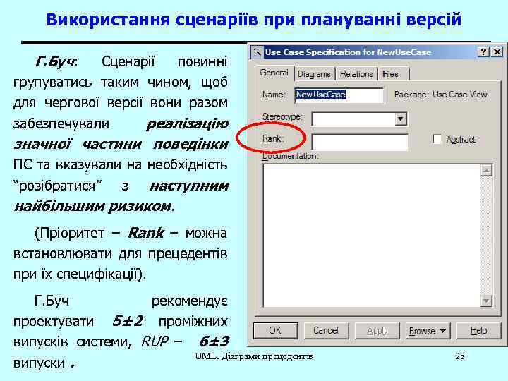 Використання сценаріїв при плануванні версій Г. Буч: Сценарії повинні групуватись таким чином, щоб для