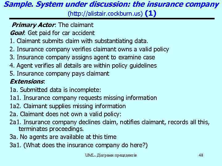 Sample. System under discussion: the insurance company (http: //alistair. cockburn. us) (1) Primary Actor: