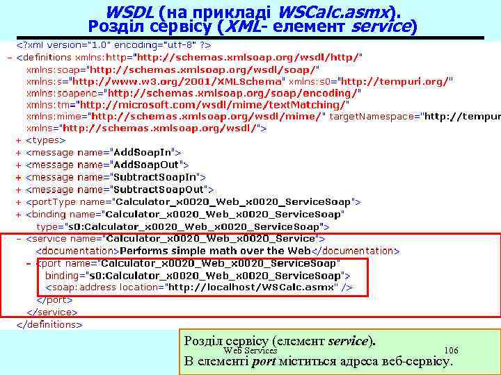 WSDL (на прикладі WSCalc. asmx). Розділ сервісу (XML- елемент service) Розділ сервісу (елемент service).