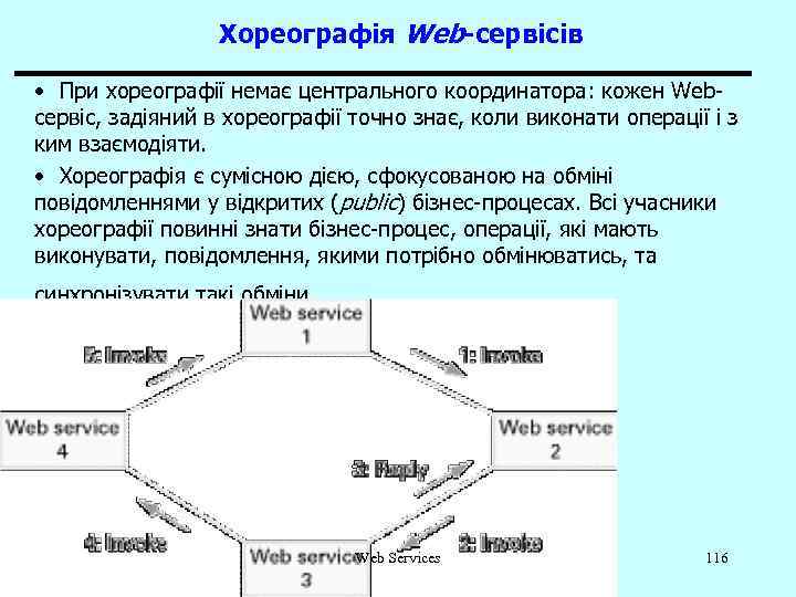 Хореографія Web-сервісів • При хореографії немає центрального координатора: кожен Webсервіс, задіяний в хореографії точно