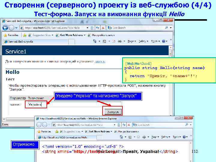 Створення (серверного) проекту із веб-службою (4/4) Тест-форма. Запуск на виконання функції Hello [Web. Method]