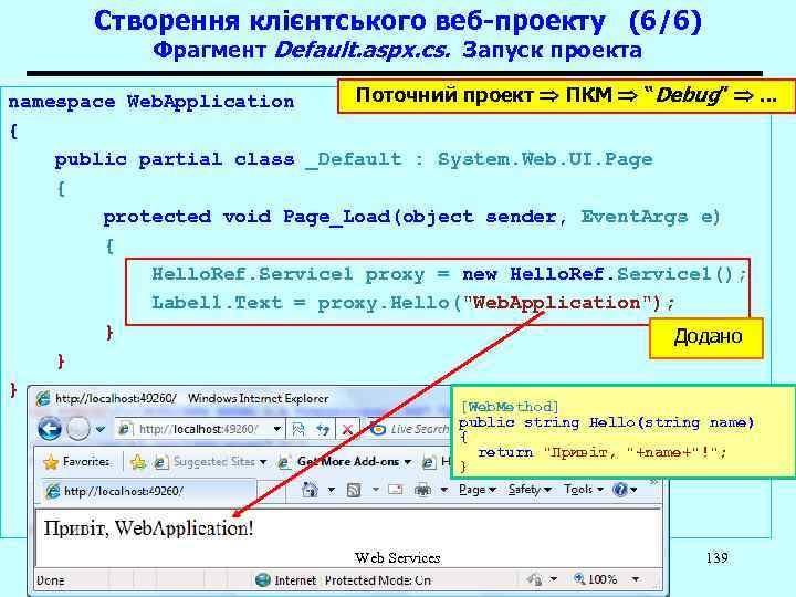 Створення клієнтського веб-проекту (6/6) Фрагмент Default. aspx. cs. Запуск проекта Поточний проект ПКМ “Debug”